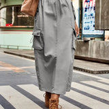 Drawstring Denim Cargo Midi Skirt