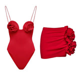 Floral Appliqué Swimsuit Skirt Set