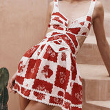 Floral Decorative Unique Print V-Neck Hollow A-Line Mini Dress