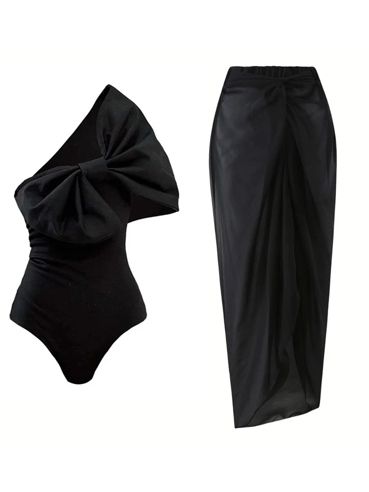 Black and White Bow One Piece Swimsuit Set