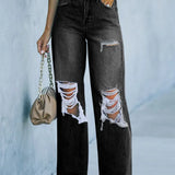 Distressed Washed Wide-Leg Street Denim Pants