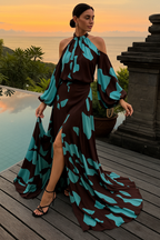 Off-the-shoulder printed waist dress