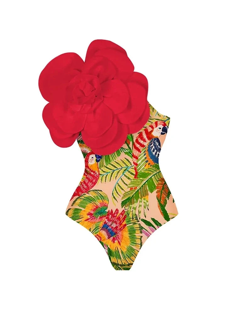 3D Red Floral Embellished One-Piece Swimsuit