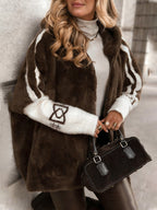 Women Plush Hooded Vertical Stripe Printed Casual Coat