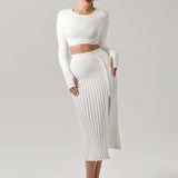 Stylish Solid Color Pleated Knit Skirt Set
