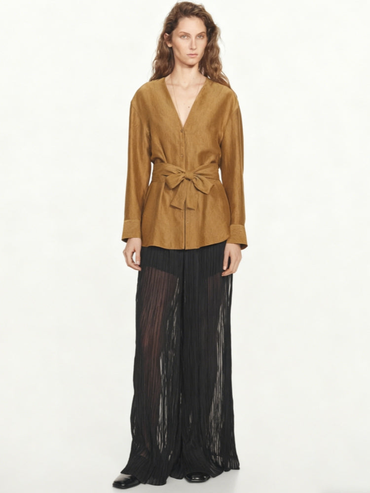 Belted V-Neck Flowing Shirt