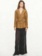 Belted V-Neck Flowing Shirt
