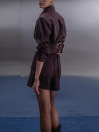 Burgundy Striped Backless Blouse & High-Waist Skort Set