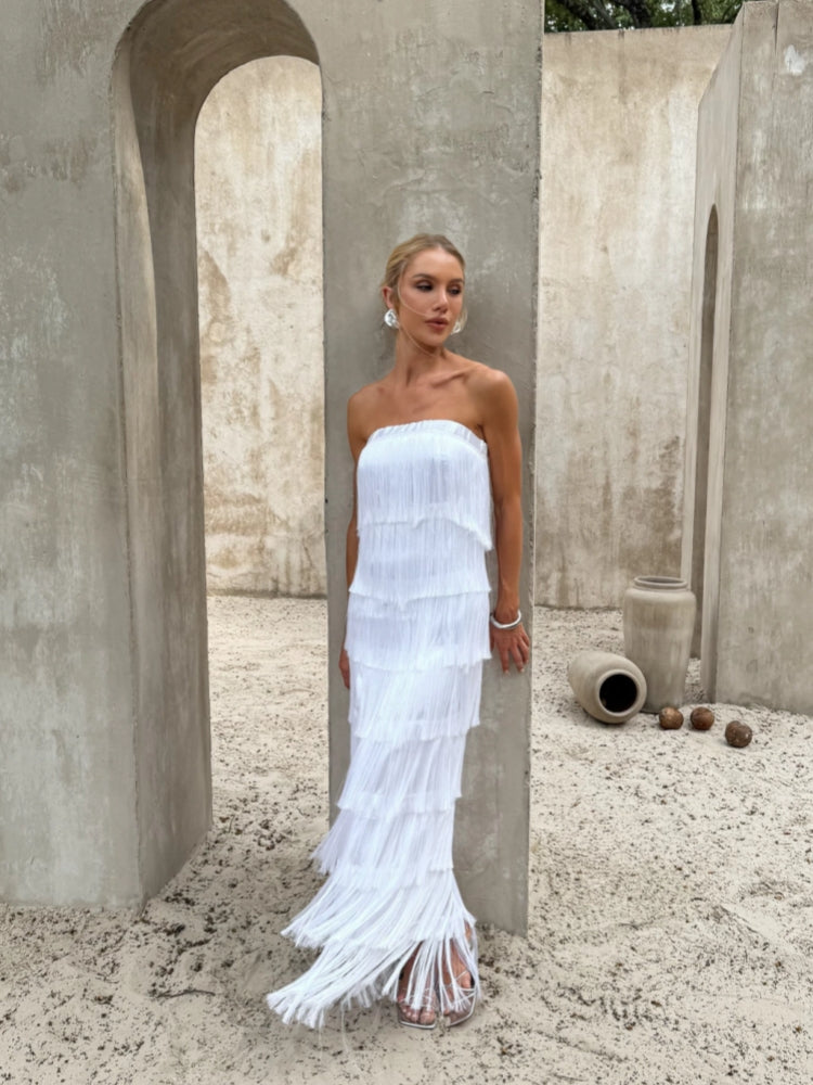Strapless Fringe Satin Gown