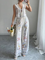 Tie-Up Vest & Wide-Leg Pants Set – Sky Blue Print