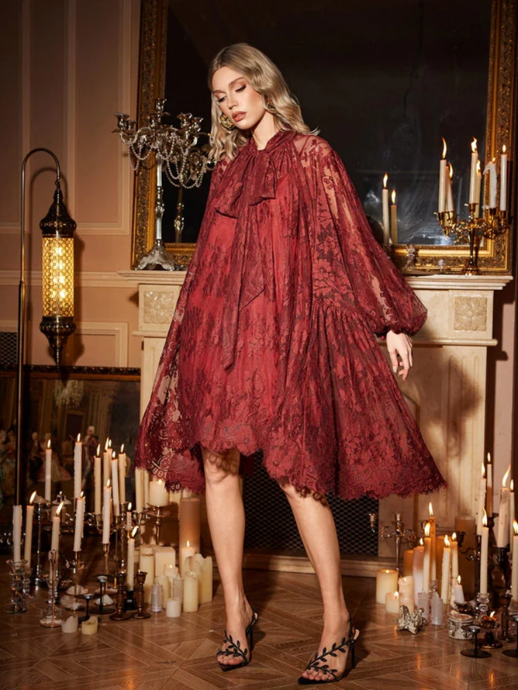Floral Lace Long-Sleeve Dress (Including inner dress)