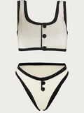 Elegant Contrast Button Detail Two-Piece Swimsuit