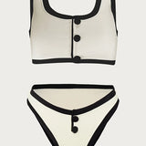 Elegant Contrast Button Detail Two-Piece Swimsuit