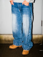 Blue Rhinestone Wide-Leg Jeans