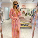 Boho V Neck Bell Sleeve Wavy Striped Crochet Beach Vacation Maxi Dress - Red