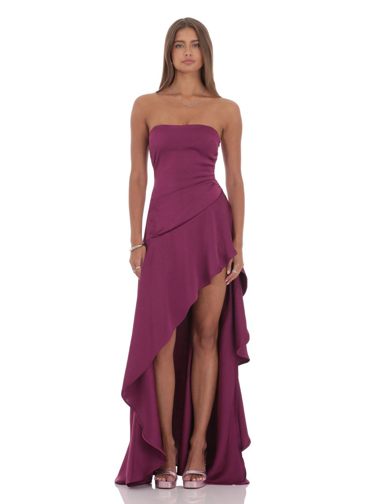 Strapless High-Shine Satin Asymmetric Slit Gown