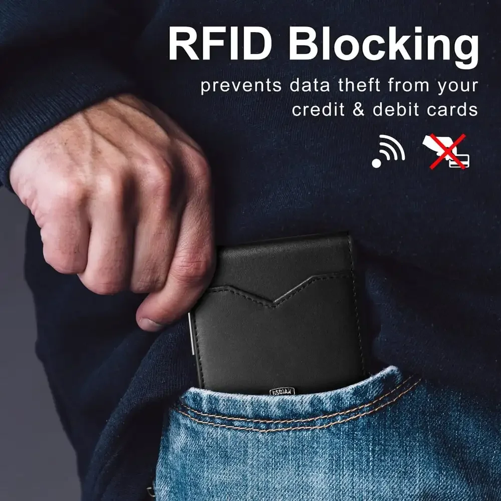 Men's Slim Leather RFID Blocking Wallet - Minimalist Carbon Fiber Bifold