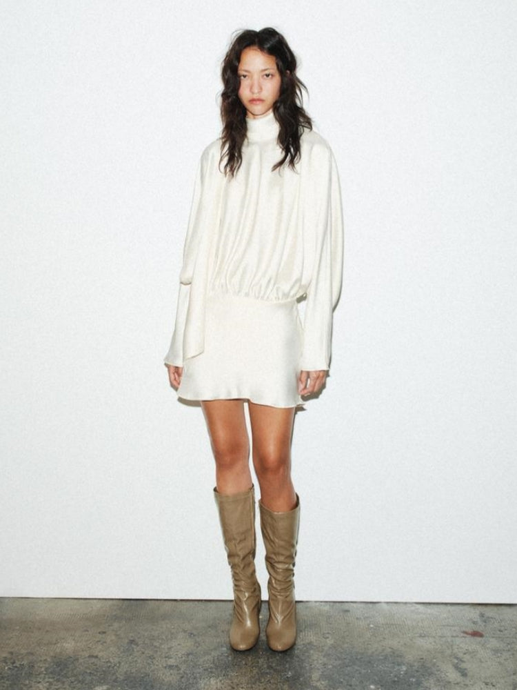 Beige Satin High-Neck Scarf-Back Mini Dress