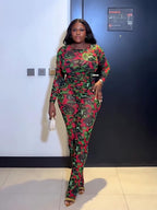Red & Green Abstract Floral Print Bodysuit Pants Set
