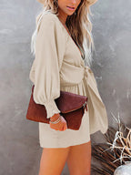 Tied Flounce Sleeve Plunge Front Tie Romper