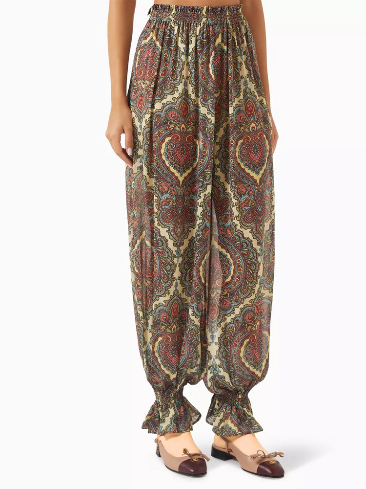 Paisley Print Relaxed Scarf Blouse & Elastic Hem Pants Set