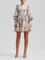 Flowers Plants Balloon Sleeves Mini Dress