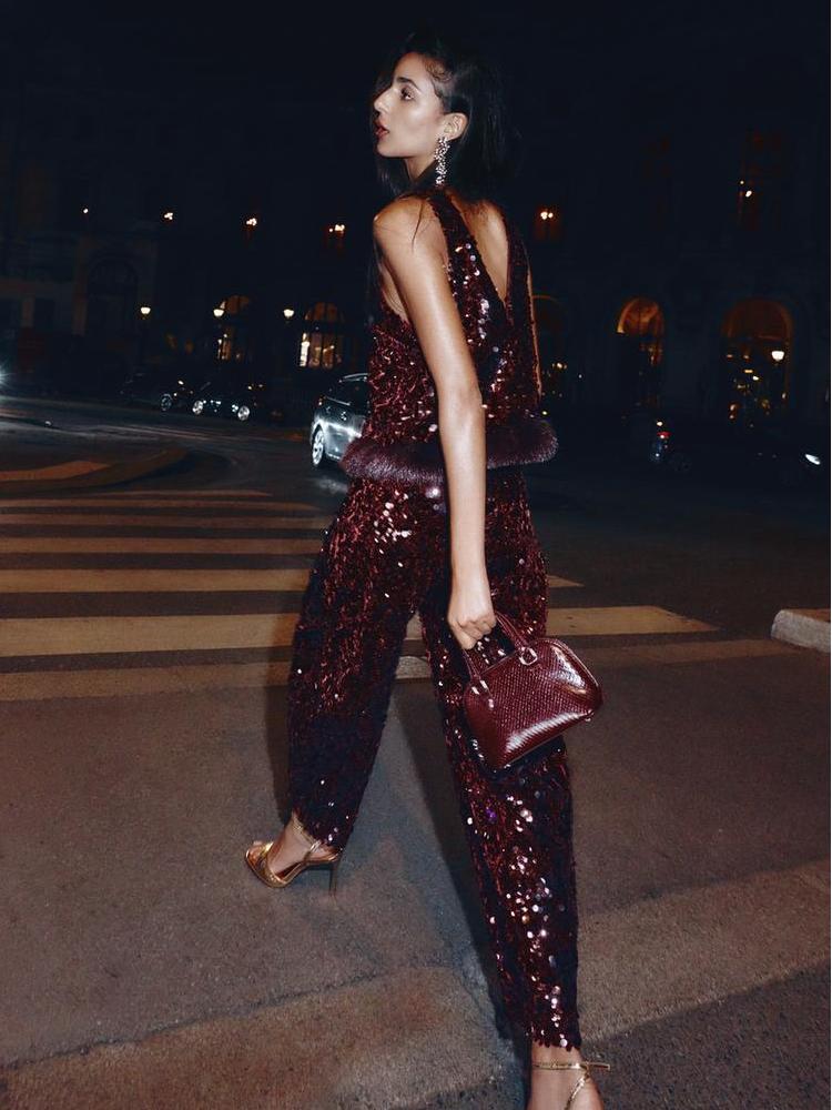 Sequined Faux Fur Hem Top & Pants Set
