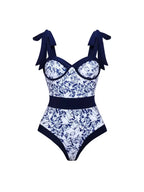 Tie Strap Contrast Print One Piece Swimsuit