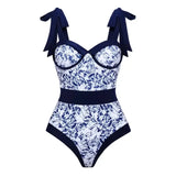 Tie Strap Contrast Print One Piece Swimsuit