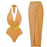 Golden Halter Deep V One-Piece Swimsuit