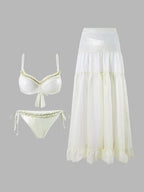 Ruched Tie-String Glossy White Bikini Set