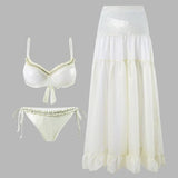 Ruched Tie-String Glossy White Bikini Set