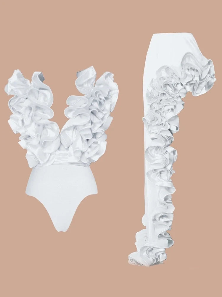 White V-Neck Ruffle Swimsuit