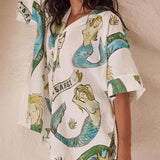 Holiday Mermaid Print Loose Shorts Two-Piece Set