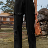Washed Semi-Elastic Design Denim Cargo Pants