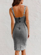 This Seasons Staple Denim Adjustable Straps Zip-up Firm Stretch Midi Dress
