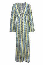 Boho V Neck Bell Sleeve Wavy Striped Crochet Beach Vacation Maxi Dress