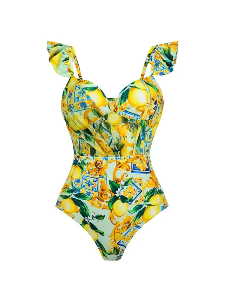 Mesh Lemon Print Swimsuit Set
