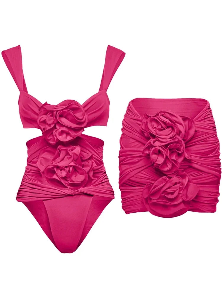 3D Floral Cutout Strappy Swimsuit Set