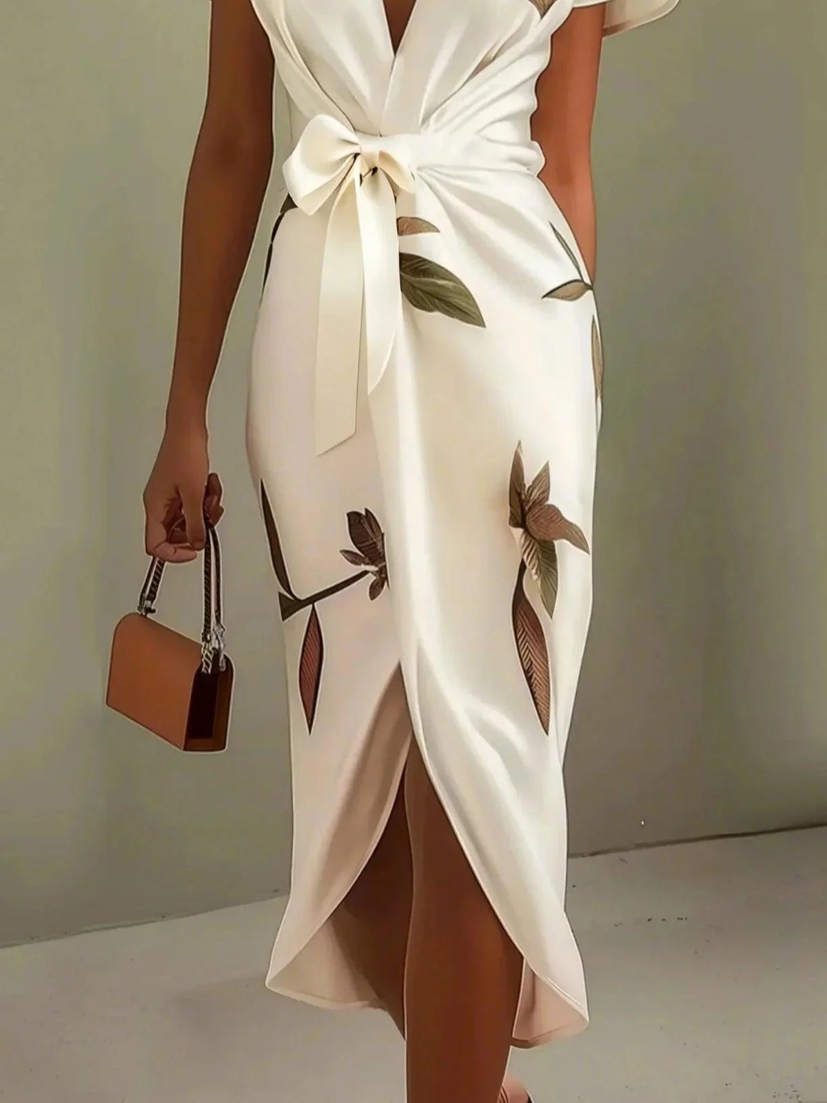 White Leaf Short Sleeve Satin Wrap Sheath Midi Dress