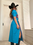 Turquoise Aztec Western Crop Top & Skirt Set