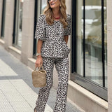 Casual Leopard Print Cardigan and Pants Set