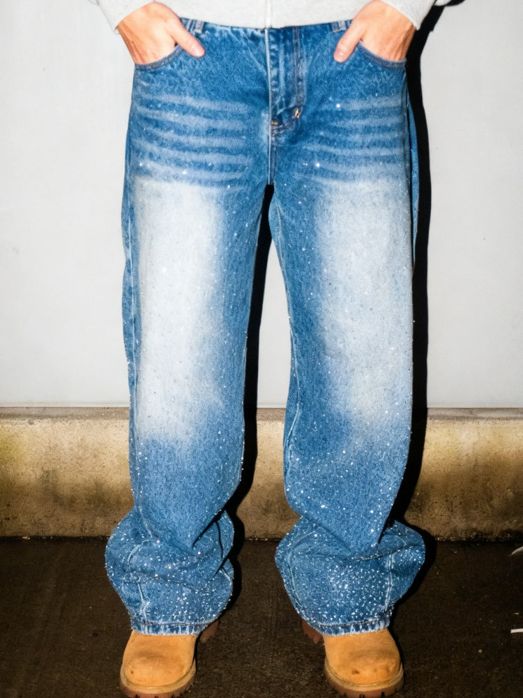 Blue Rhinestone Wide-Leg Jeans