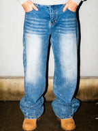Blue Rhinestone Wide-Leg Jeans
