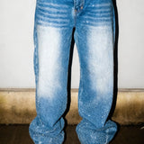 Blue Rhinestone Wide-Leg Jeans