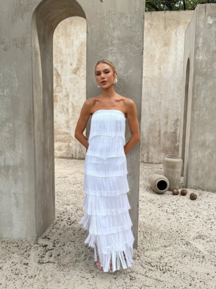 Strapless Fringe Satin Gown