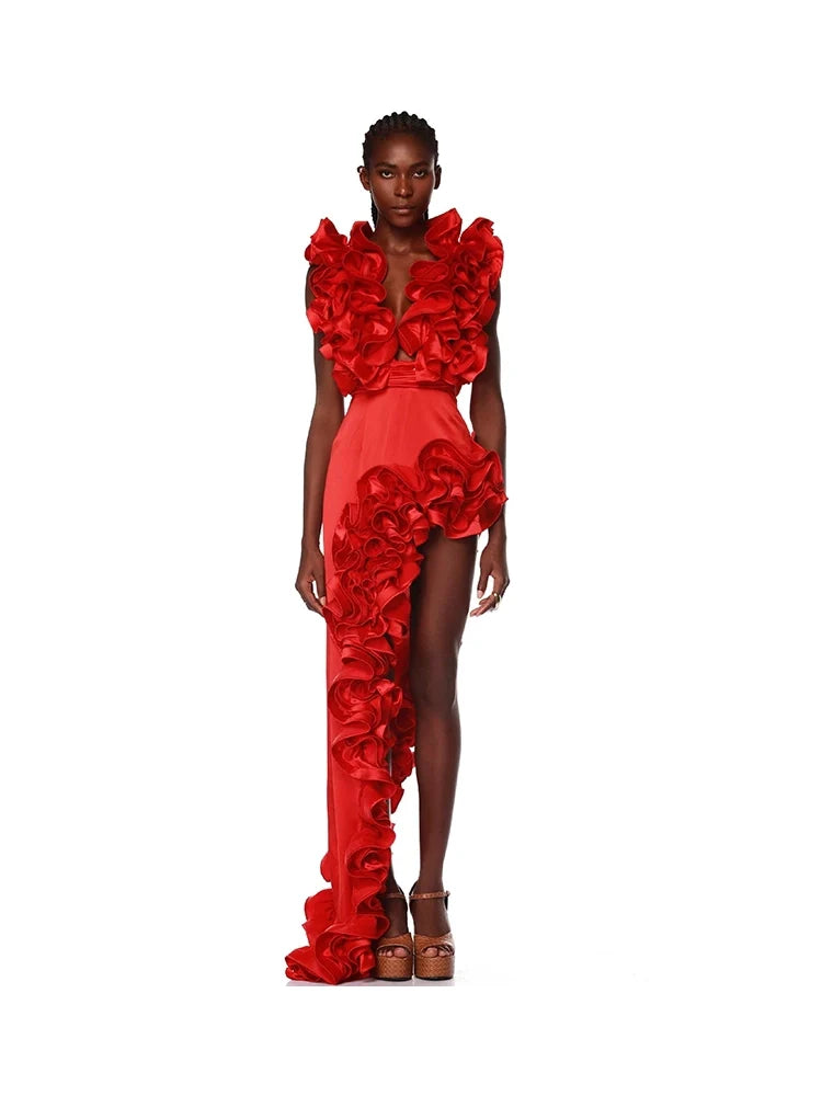 Ruffled V-Neck Red Asymmetrical Swimsuit Set