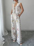 Tie-Up Vest & Wide-Leg Pants Set – Sky Blue Print