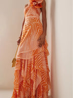 One-Shoulder Floral Salmon Print Swimsuit