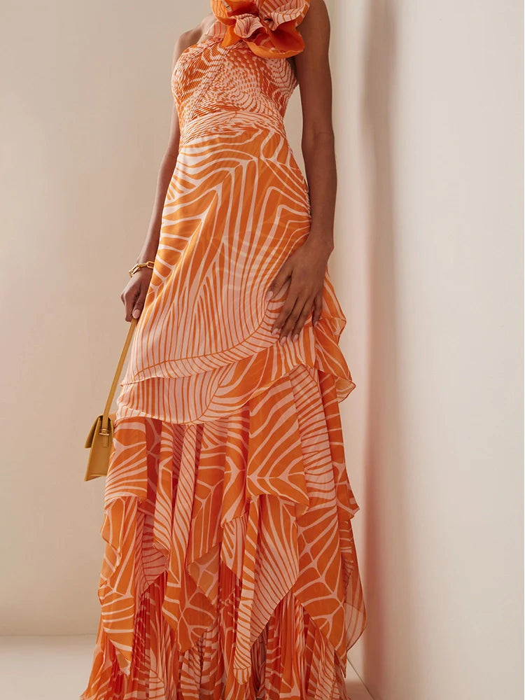 One-Shoulder Floral Salmon Print Swimsuit